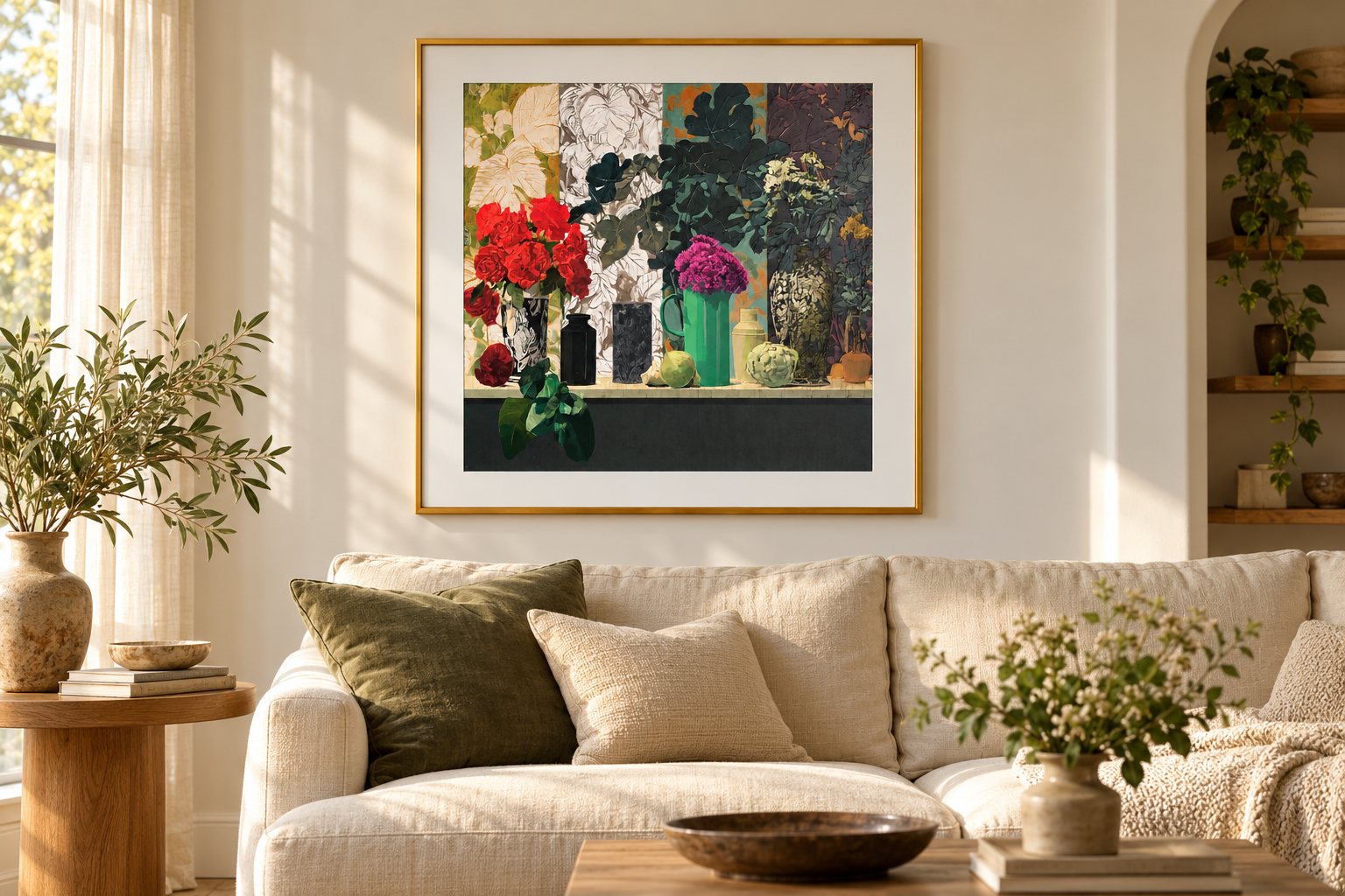 Floral artwork in a warm, sunlit living room visualization